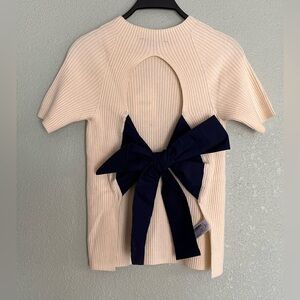 Zara Womens Ribbed Tan Blouse Open Back with Bow Size Large Elegant Minimalist